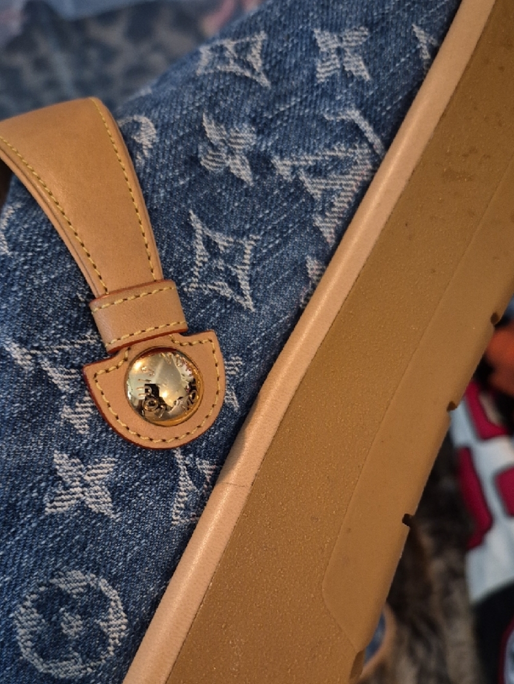 Louis Vuitton Denim Monogram Clogs - Blue & Tan Leather Strap - Picture 4 of 5